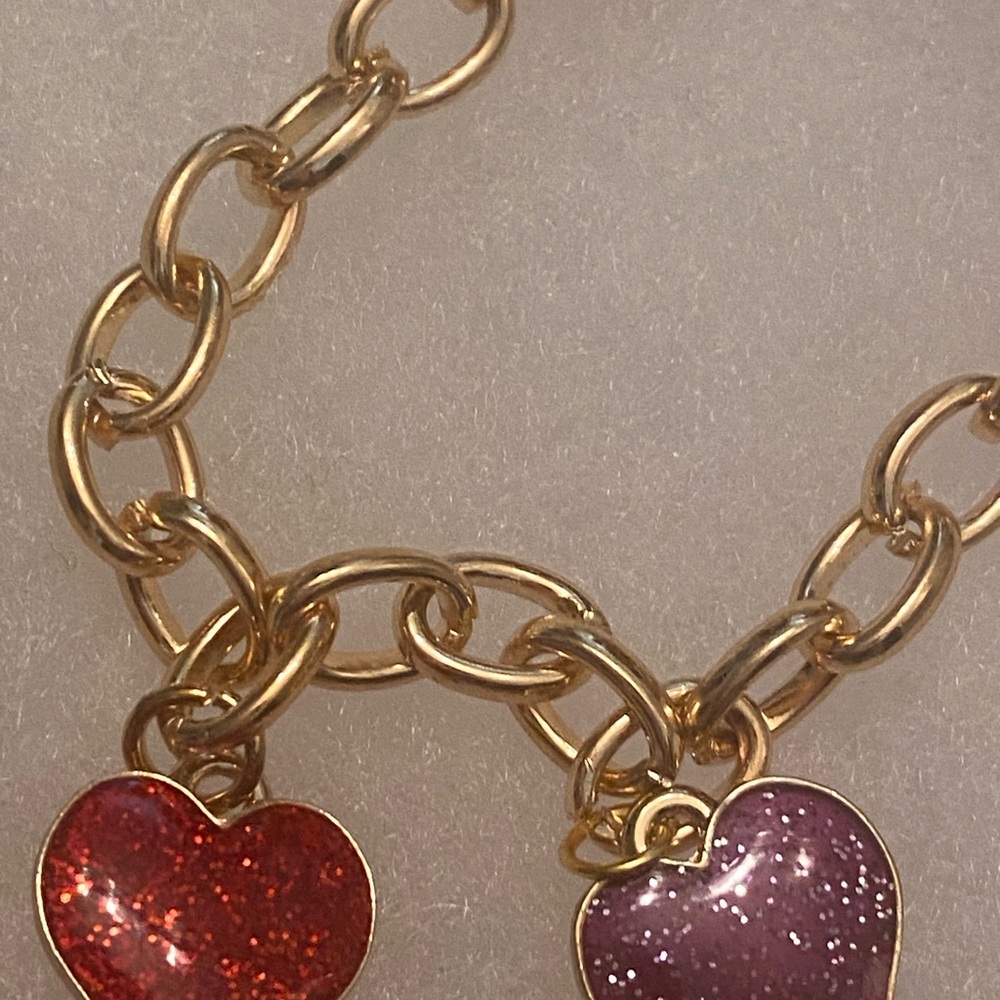 Gold Chain Bracelet with Red and Purple Heart Charms